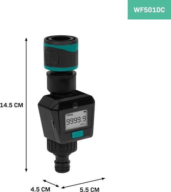 VONROC Compteur d'eau - Numérique - Incluant les raccords de tuyaux et la batterie