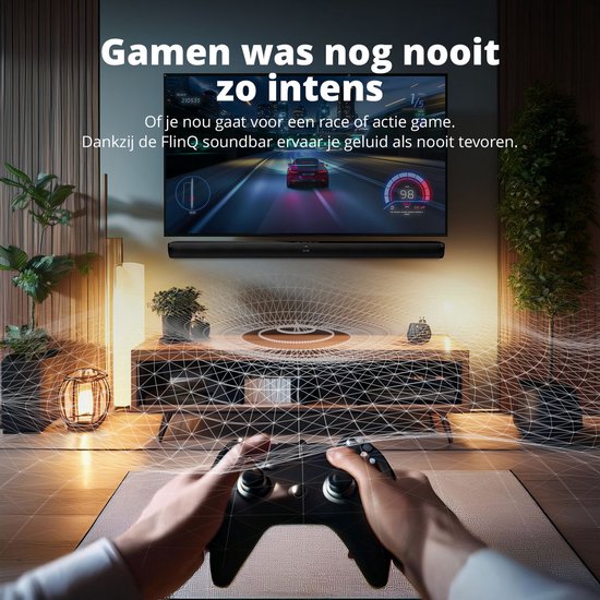 FlinQ Bluetooth Soundbar avec Subwoofer intégré - Barres de son pour TV - tout en un - Son surround 3D - Avec télécommande - Mode Film/Musique/Nouvelles - Noir