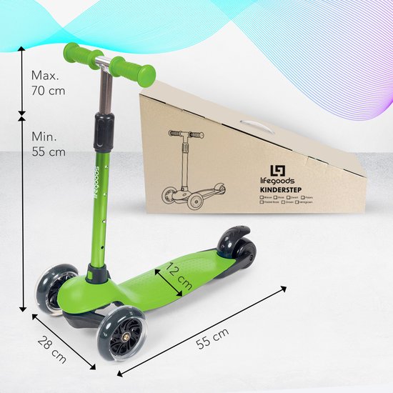 Trottinette pour enfants LifeGoods - 2-5 ans - 3 roues LED lumineuses - Hauteur réglable - Garçons/Filles - Vert