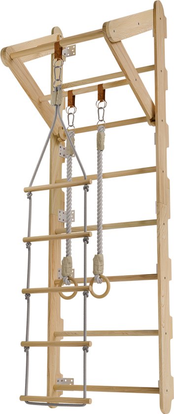 Juskys - Support mural pour enfants - 62 x 210 x 57 cm - naturel et bois - avec échelle de corde et anneaux tournants - Support d'escalade d'intérieur pour la chambre - favorise la motricité et la force