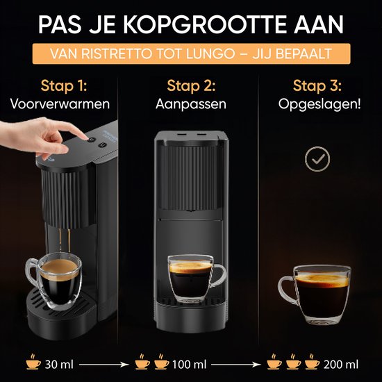 JAP Appliances Capsura - Machine à café à tasses - Volume de tasse réglable 30 - 200 ml - Machine à café à tasses - Machine à café - Cafetière