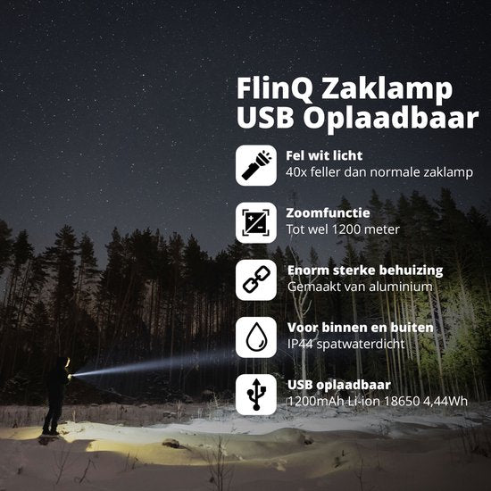 Lampe de poche LED rechargeable FlinQ - Lampe de poche militaire rechargeable - Visibilité jusqu'à 1200 mètres - Design en aluminium résistant aux éclaboussures - Lampes de poche pour kit d'urgence - Noir