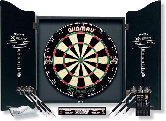 WINMAU - Jeu de fléchettes professionnel avec plateau de fléchettes Diamond Plus Bristle, cabinet noir, avec 2 jeux de fléchettes et ligne d'oche officielle