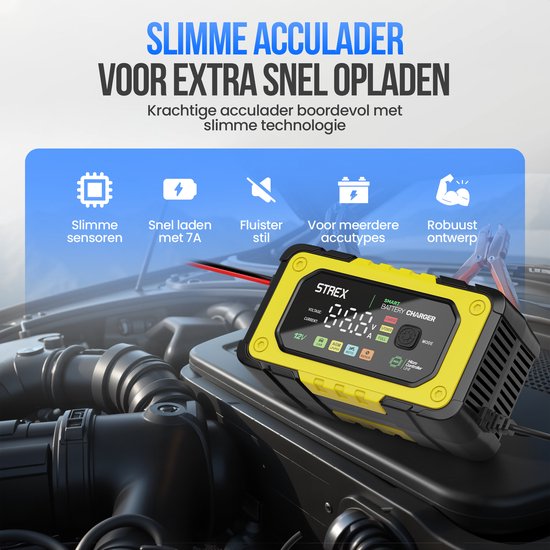 Chargeur de batterie Strex 12V 7A - Chargeur rapide et goutte à goutte avec écran LCD - Pour voiture, moto, bateau et batteries AGM/plomb - Mode réparation