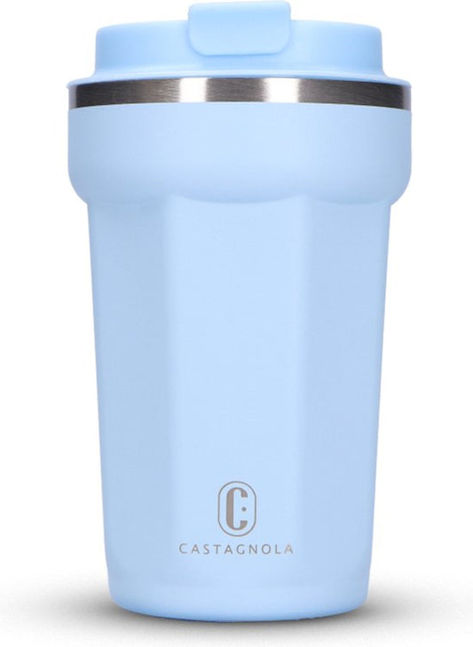 Castagnola Thermos Cup - Coffee Mug To Go - Travel Mug for Coffee and Tea - Tea Mug - 380 ML - Stainless Steel - Light Blue - Octagon