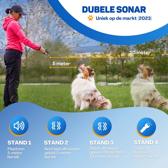 Vulpes Goods® Dispositif anti-aboiement à ultrasons - Dispositif anti-aboiement 4-en-1 Max - Sans choc - Collier anti-aboiement alternatif - pour petits et grands chiens - Audio - Lampe de poche - Lampe de poche - Rechargeable par USB