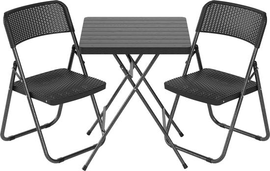 LifeGoods Ensemble bistro - 3 pièces - pliable - aspect rotin - ensemble de jardin avec table d'appoint - noir - capacité de charge de 200 kg - résistant aux intempéries
