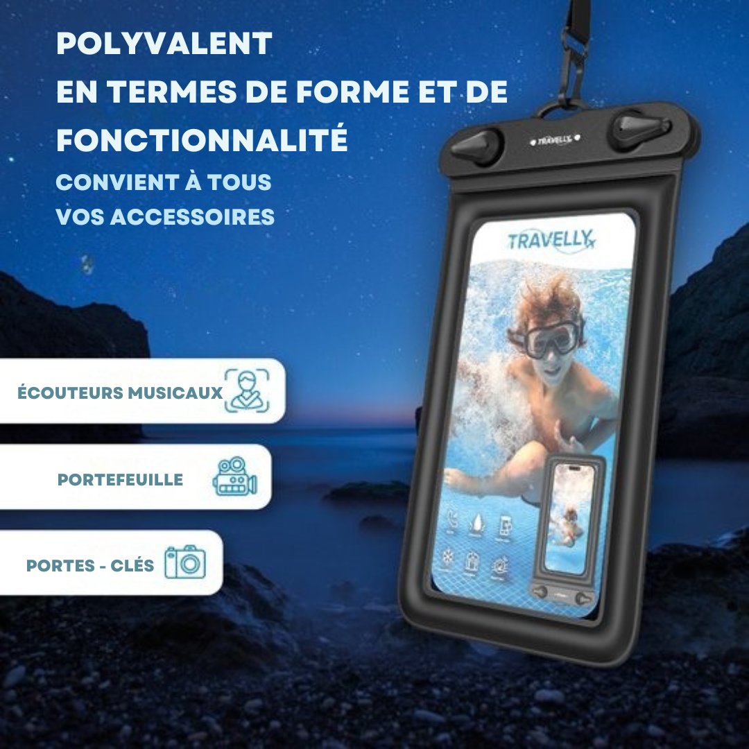 Étui étanche pour téléphone Travelly® - lot de 2 - Étui sous-marin universel pour smartphone - Convient à tous les téléphones - Pour les vacances, la natation et les sports nautiques - Noir/Noir
