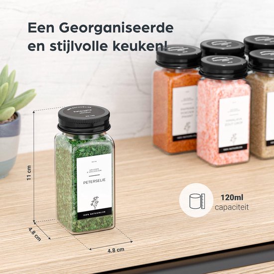 Organess 28 pots à épices en verre carrés avec couvercle noir - 3 types de couvercles à saupoudrer - Spice Spreader - pots à épices - set complet avec stickers à épices, stick à craie et accessoires - 120ml