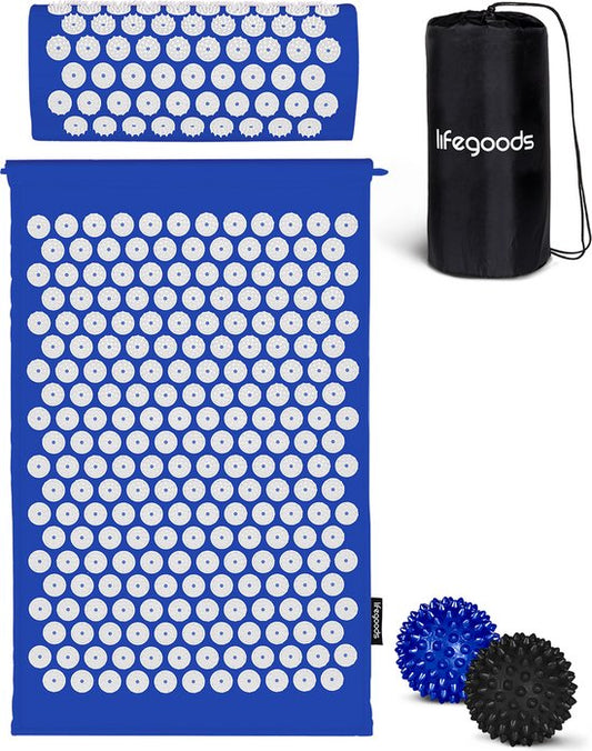 LifeGoods Tapis d'acupression avec coussin - Tapis Shakti - Tapis pour ongles avec 2 balles pour points de déclenchement - 66x40x2cm - Bleu/Blanc