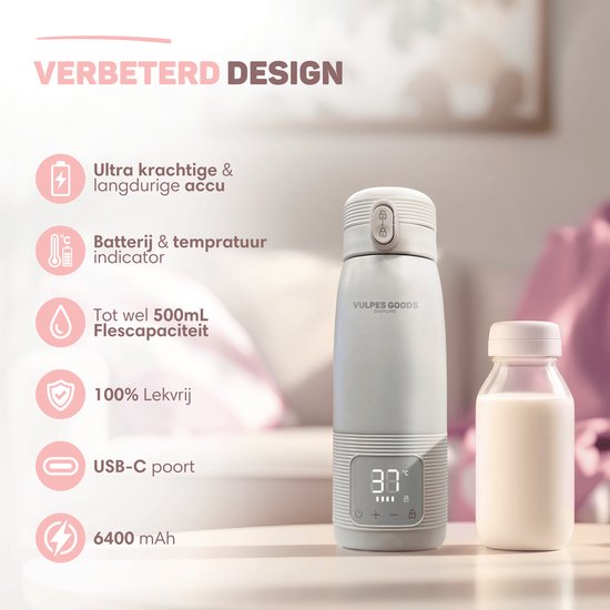 Vulpes Goods® BabyCare - Thermos Bottle Warmer On the Go - 500ML - Chauffe-biberons - Acier inoxydable - 6400 mAh - 500ML - Rechargeable - Sans fil et portable - Pour tous les types de biberons - avec rétention de chaleur - Alimentation pour bébés - PRO V