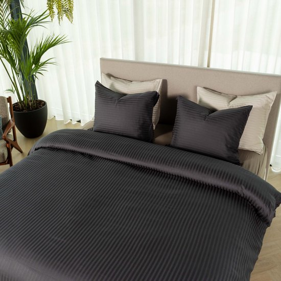 Kayori Elin Housse de couette Satin de coton - 240x200-220 cm +2 taies d'oreiller - Lits-jumeaux - Anthracite