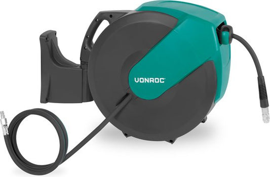 VONROC PRO Enrouleur automatique de tuyau d'air - Enrouleur d'air - Comprend un tuyau d'air de 30 mètres, un tuyau d'alimentation de 2 mètres et un kit de fixation murale - 17 bar/250 PSI - Raccord universel EURO/DIN 7,2mm