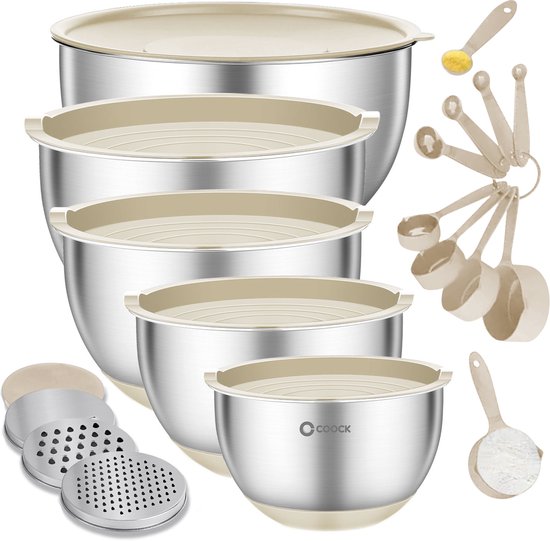 COOCK inox - Set de bols à mélanger avec couvercle - Bols à frire avec couvercle - Bol de stockage avec râpe - Bol pour salades et mélanges - Set de 22 pièces de 1,5 à 5 litres - Beige - Cuillères à mesurer incluses
