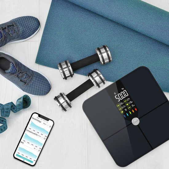 e.volve Scale Pèse-personne numérique - 16x - Noir - Pèse-personne intelligent avec analyse du corps - Pèse-personne de précision - App. incluse