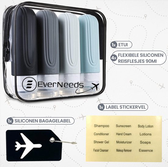 EverNeeds Bouteilles de voyage avec étui - rechargeables - Bouteilles de voyage en silicone pour bagages à main - gris - 4 pièces