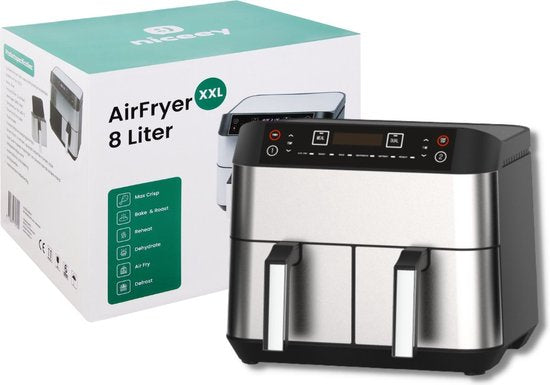 Airfryer Double XXL - Niceey - Friteuse sans huile - 2 compartiments de cuisson - 8L - 2460 Watt - Livre de recettes inclus - Argent