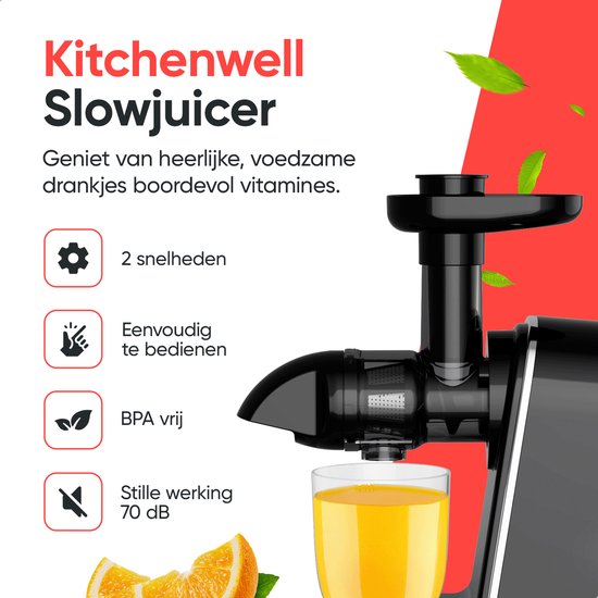 Kitchenwell Slowjuicer - 700ml - Presse-agrumes avec récipient à pulpe - Presse-légumes et fruits - Sans BPA - Noir