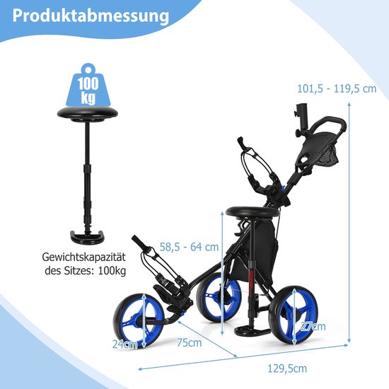 Coast Chariot de golf, chariot de golf, chariot de golf, chariot de golf, pliant, caddy de golf chariot de golf en aluminium, caddy de golf avec porte-parapluie, porte-pièce en T et sac de rangement