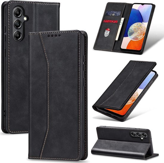 Podec Case with Card Holder suitable for Samsung Galaxy A14 Black Phone Case - Anti-Shock Bookcase Cover with 1x Screen Protector