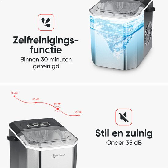Kitchenwell Machine à glaçons - 1.3L - Machine à glaçons - Cuillère à glaçons - 12kg/24 heures - Portable - Fonction auto-nettoyante - acier inoxydable