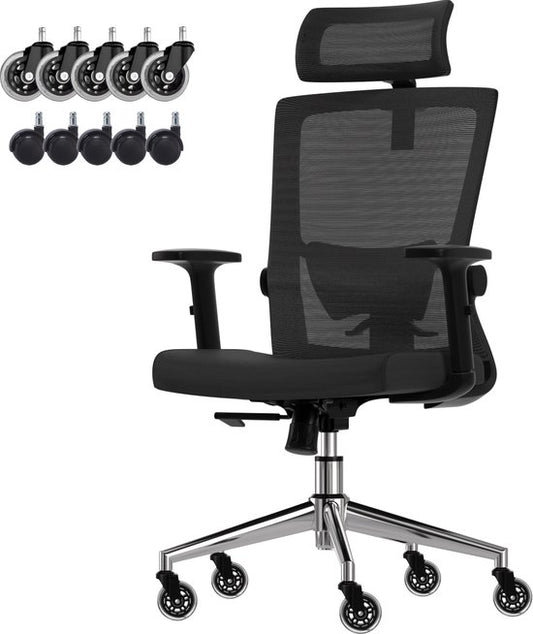 LifeGoods Chaise de bureau ergonomique - avec roulettes anti-rayures supplémentaires - Chaise de bureau - certifiée NEN et SGS - Adultes - Appui-tête - Noir/Chrome