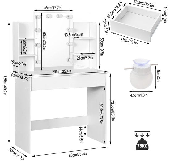Rootz Dressing Table - Dresser - Station de maquillage - Beauty Table - Cosmetic Stand - Glamour Table - White - 41.1x20.3x6.1 inches