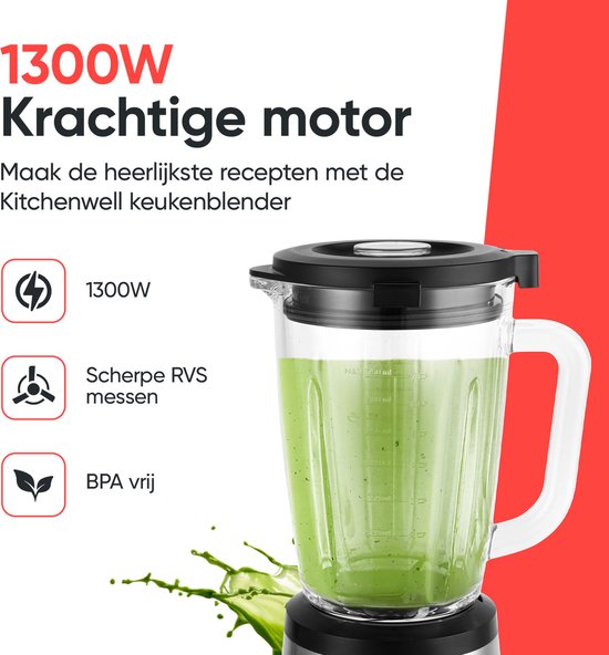 Mixeur - Kitchenwell - Bledner à smoothie - 1300 watts avec gobelet - 1,75 litre - Récipient en verre - Acier inoxydable