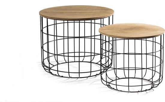 LIFA LIVING Table d'appoint moderne - Lot de 2 - Noir - Métal et bois - Rond - Plateau amovible - Panier de rangement - Stable