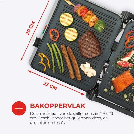 Bourgini Contact Grill Classic - Gril à panini et fer à griller - Revêtement antiadhésif - Couvercle flottant - Appareil à griller - Gril de contact - Acier inoxydable - Sans BPA
