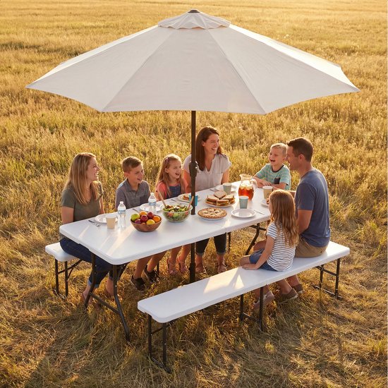 LifeGoods Set de pique-nique pliable - 180cm x 74cm - Table de jardin avec 2 bancs - Résistant aux intempéries - Table de camping - Table à bière pliable - Pour l'intérieur et l'extérieur - Pour 6 à 8 personnes - Blanc