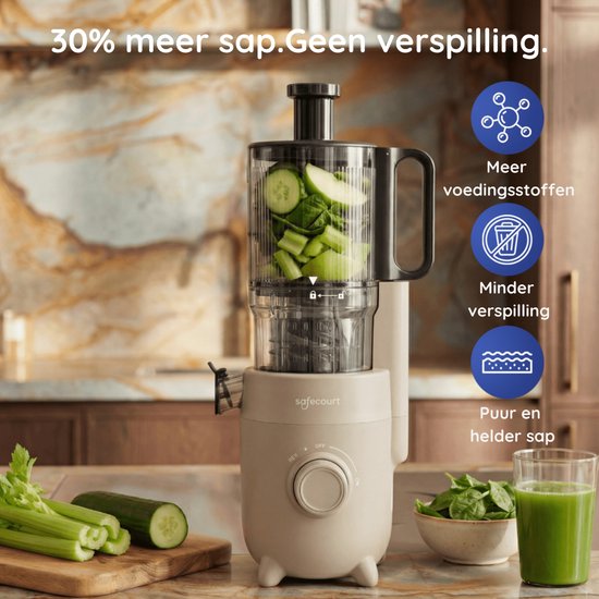 Safecourt Kitchen Slow Juicer - moteur puissant [Technologie de pré-coupe et de pression à froid] - nettoyage facile - sans BPA - juicer Beige