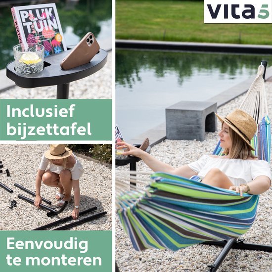 Hamac Vita5 avec support - 2 personnes - Porte-gobelet inclus - 205kg de poids - Vert/Bleu