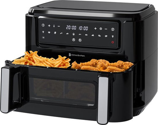 Airfryer XXL - KitchenBrothers - 9L - 2400W - Séparateur Snack - 10 Programmes de cuisson - 50ºC à 200ºC - Noir