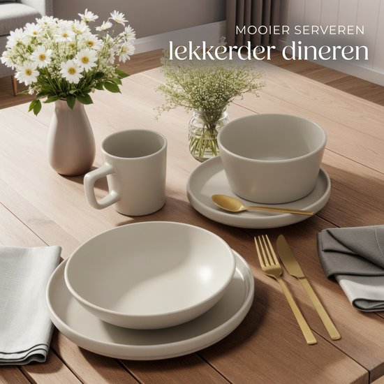 tectake® Ensemble de vaisselle Una - 30 pièces - Faïence - 6 personnes - Vaisselle élégante et durable - Ensemble d'assiettes avec grandes et petites assiettes, bols, coupes - Taupe
