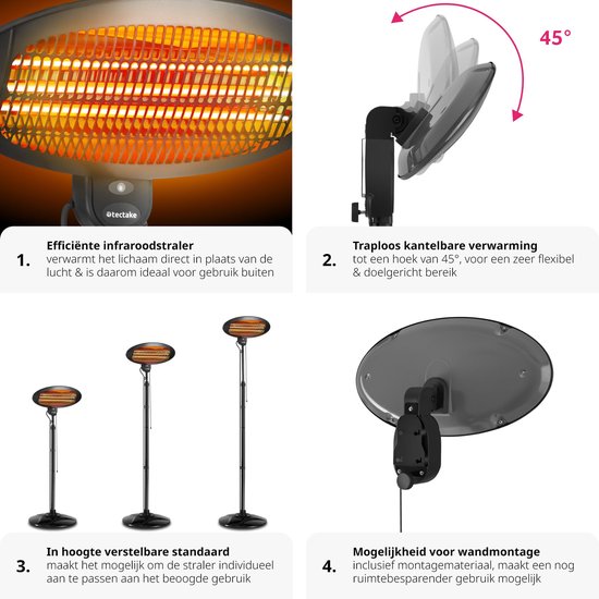 tectake® - Chauffage infrarouge - Chauffage avec support ou fixation murale - Lampe chauffante pour table à langer - Chauffage pour salle de bain - Chauffage infrarouge pour terrasse - Chauffage électrique - 2000W - 3 niveaux