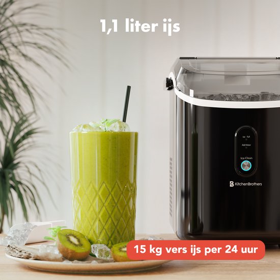 KitchenBrothers Nugget Ice Cube Maker - 1.1L - Machine à glace pilée avec pelle à glace - Portable - 15kg/24 heures - Noir