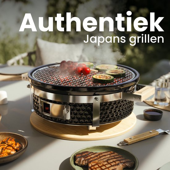 KitchenBrothers Kamado Hibachi Grill - Sans PFAS - Barbecue au charbon de bois - Shichirin Table Grill - Round BBQ - Barbecue en céramique - Noir
