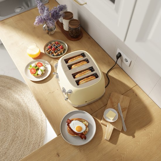KitchenBrothers Retro Toaster - Grille-pain - 6 niveaux de chaleur - 4 fentes extra-larges - 815W - Beige