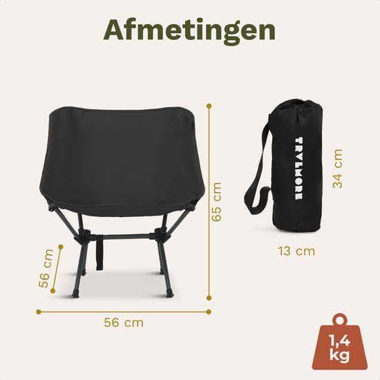 TRVLMORE Chaise de camping - pliable - capacité de charge 100KG - sac de transport inclus - chaise pliante - chaise de pêche - chaise de camping - chaise pliante - noir