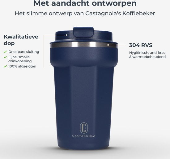 Mug thermos Castagnola - Tasse à café à emporter - Mug de voyage pour le café et le thé - Mug à thé - 380 ML - Acier inoxydable - Bleu foncé - Octogone