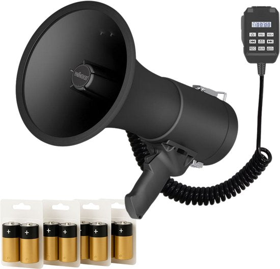 Mégaphone Velleman 50W avec sirène, batteries incluses, enregistrement 700s, réglage du volume, Bluetooth, USB, microphone à main, portée 1200m, 120dB, design ABS portable, noir mat
