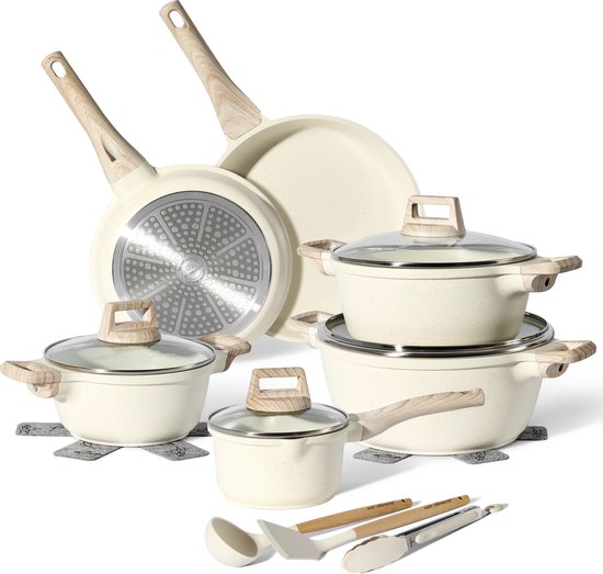 Just Perfecto 15 Piece Induction Cookware Set - Beige Cookware Set With Lid For Gas and Induction - PFAS free - Cold grips