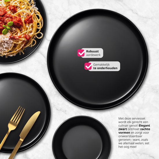 tectake® Service de table Una - 24 pièces - Faïence 6 personnes - Elégant, durable et idéal pour un usage quotidien ou des occasions festives - Grandes et petites assiettes, bols/plats - noir mat