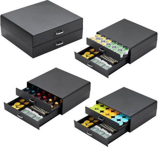 BRASQ Porte-capsules pour tasses Nespresso - pour tasses Dolce Gusto - Jusqu'à 50 tasses - Porte-tasses à café Noir - Boîte de rangement à 2 tiroirs - Vertuo - K-cup