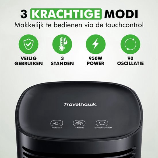 Travelhawk Chauffage électrique - Chauffage céramique - 3 niveaux - 950W - Chauffage électrique avec indication LED - Rotatif - Noir