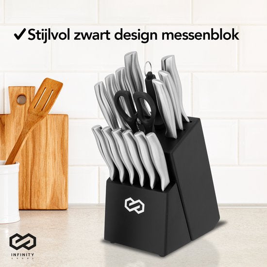 Infinity Goods Set de couteaux - Bloc de couteaux - 16 pièces - avec bloc, aiguiseur de couteaux et ciseaux - résistant aux rayures - acier inoxydable - argent/noir