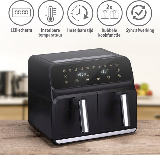alpina Double Airfryer XL 8L - Friteuse à air chaud pour 4 à 8 personnes - Capacité 2x4L - Affichage digital - Friteuse à air 1700 W - Fonction Sync Finish - Noir