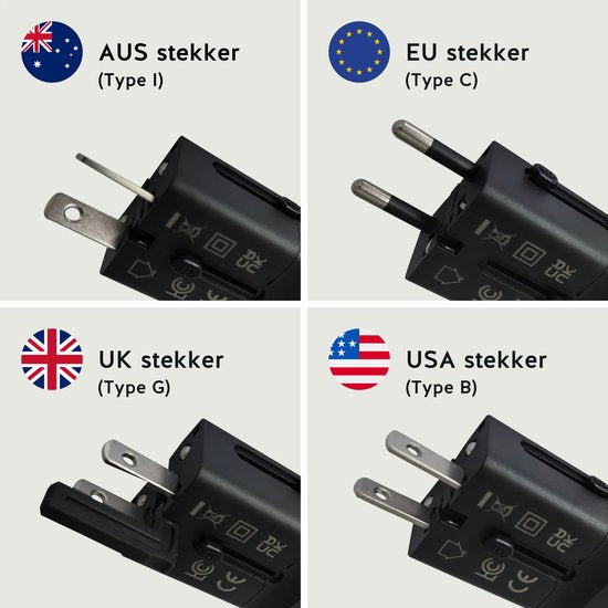 Adaptateur prise universelle - Nomadius - Chargement rapide - Prise de voyage universelle - 1 USB-C et 1 USB - 200+ pays - Noir