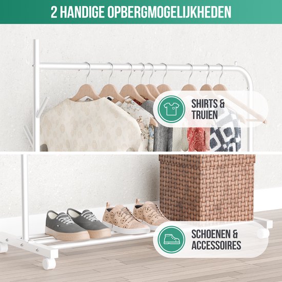 Avalo Portoir à Roulettes Blanc - Métal - 100x40x156 - Rangement Pour Chaussures